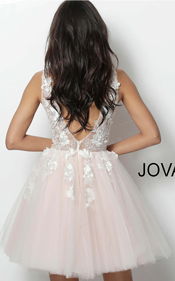 Jovani floral applique blush A-line homecoming dress 63987